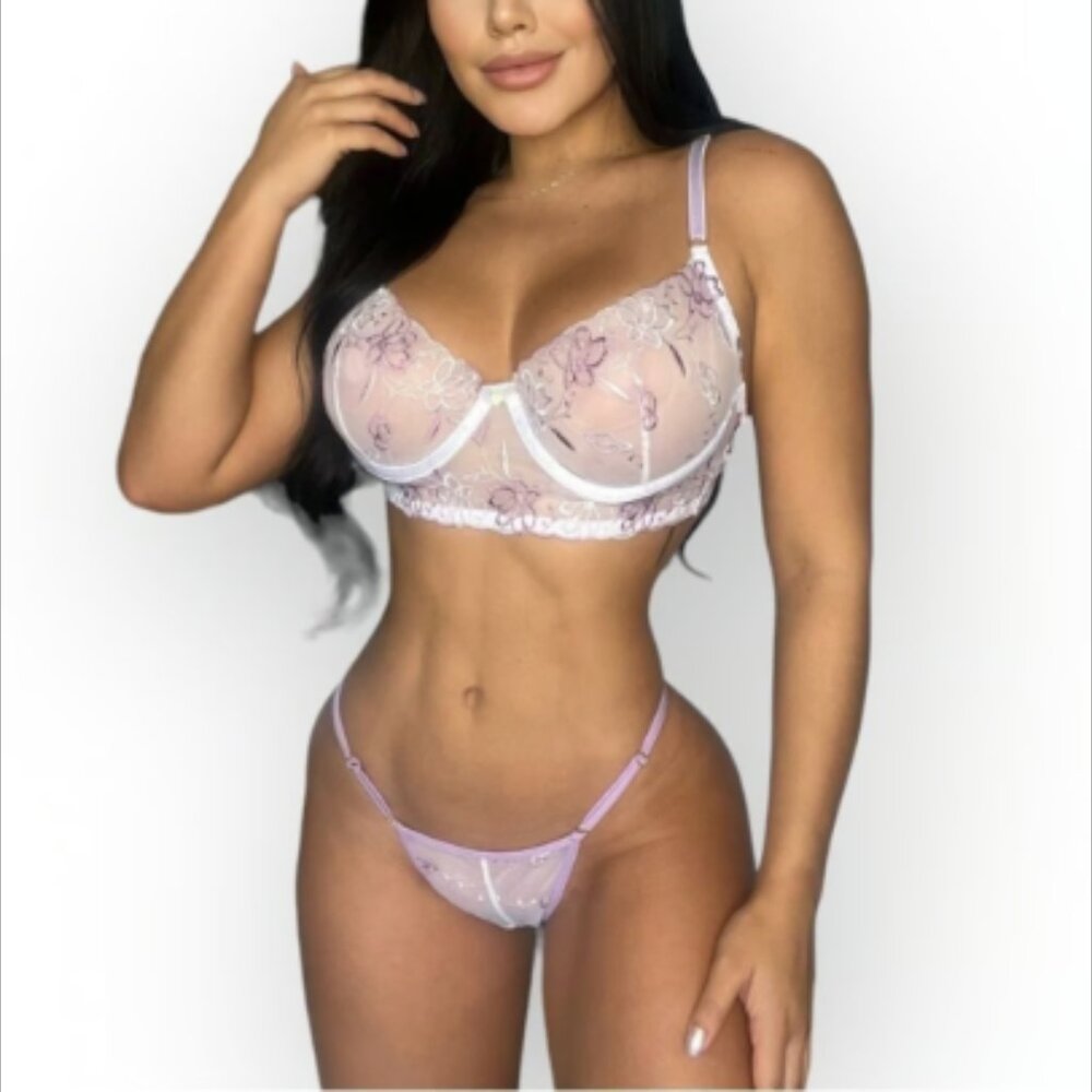 Afterglow Floral Embroidered Mesh Bra & Thong Lingerie Set in Lilac